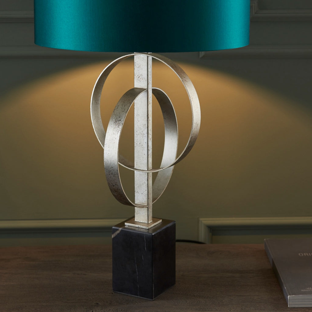 Novena Carva 1 Light Table Lamp Antique Silver Leaf Teal Satin Fabric