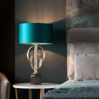 Novena Carva 1 Light Table Lamp Antique Silver Leaf Teal Satin Fabric