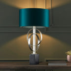 Novena Carva 1 Light Table Lamp Antique Silver Leaf Teal Satin Fabric
