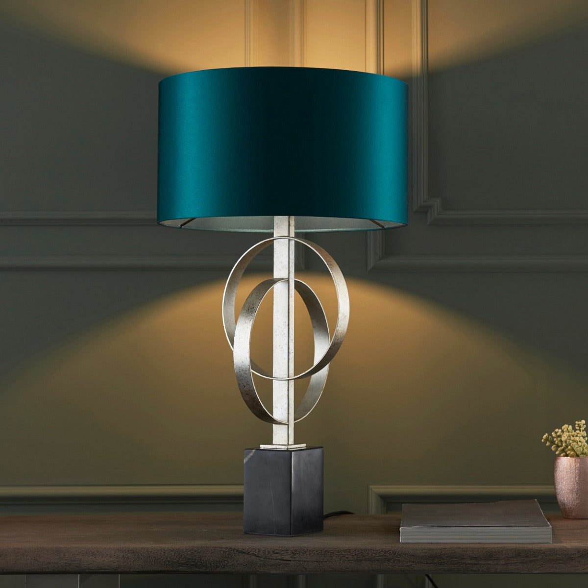 Novena Carva 1 Light Table Lamp Antique Silver Leaf Teal Satin Fabric