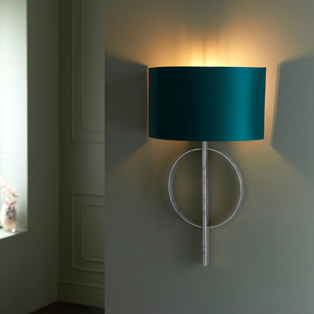 Novena Carva 1 Light Wall Light Antique Silver Leaf Teal Satin Fabric