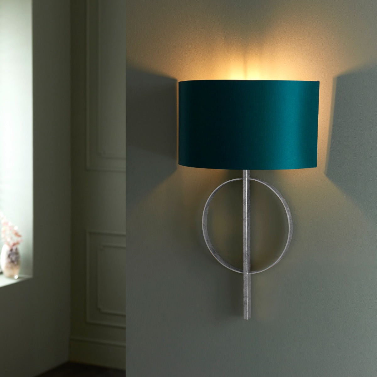 Novena Carva 1 Light Wall Light Antique Silver Leaf Teal Satin Fabric