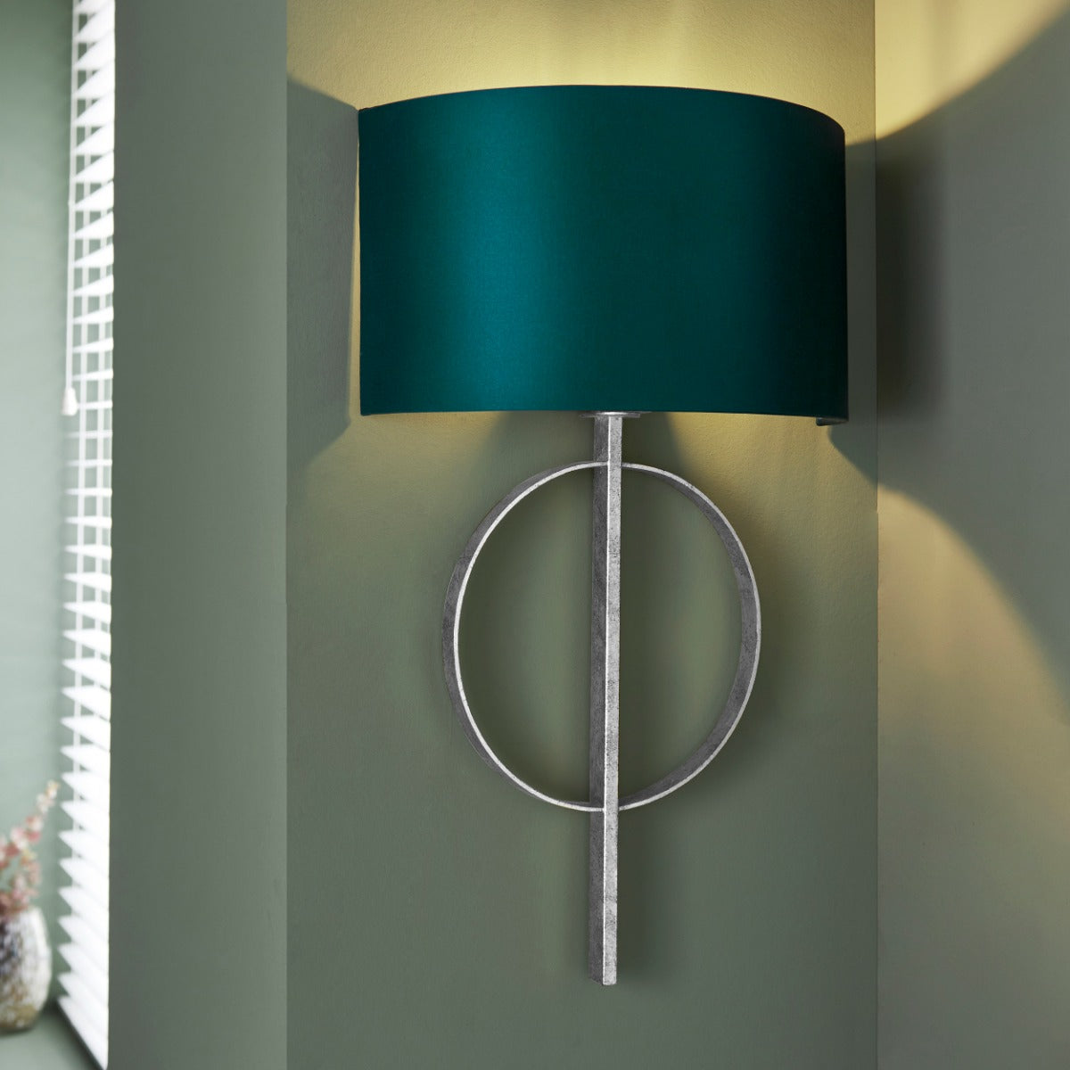 Novena Carva 1 Light Wall Light Antique Silver Leaf Teal Satin Fabric