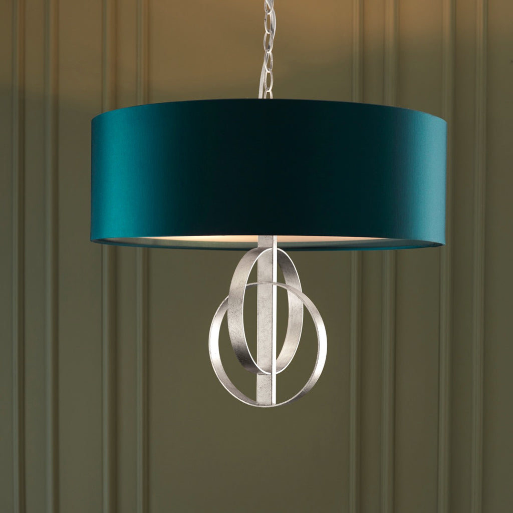 Novena Carva 3 Light Pendant Light Antique Silver Leaf Teal Satin Fabric
