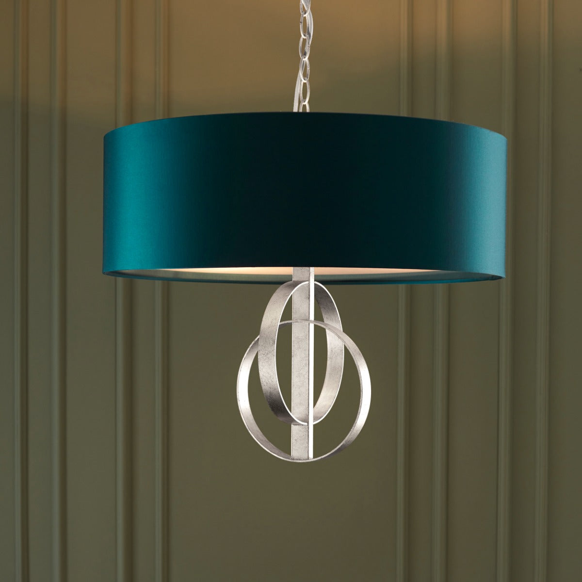 Novena Carva 3 Light Pendant Light Antique Silver Leaf Teal Satin Fabric