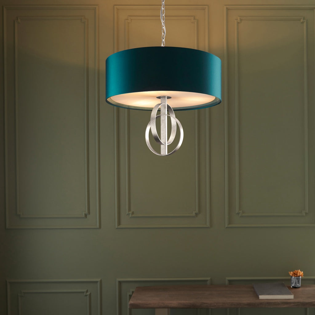 Novena Carva 3 Light Pendant Light Antique Silver Leaf Teal Satin Fabric