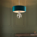 Novena Carva 3 Light Pendant Light Antique Silver Leaf Teal Satin Fabric