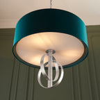 Novena Carva 3 Light Pendant Light Antique Silver Leaf Teal Satin Fabric