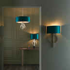 Novena Carva 3 Light Pendant Light Antique Silver Leaf Teal Satin Fabric