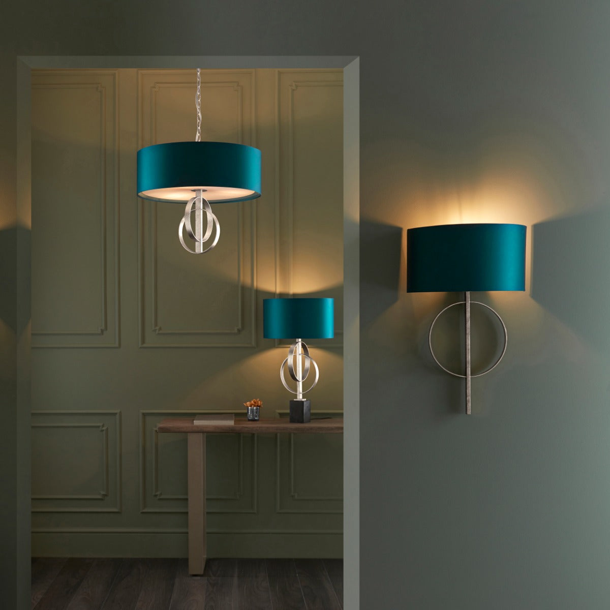 Novena Carva 3 Light Pendant Light Antique Silver Leaf Teal Satin Fabric