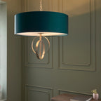 Novena Carva 5 Light Pendant Light Antique Silver Leaf Teal Satin Fabric