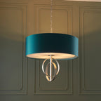 Novena Carva 5 Light Pendant Light Antique Silver Leaf Teal Satin Fabric