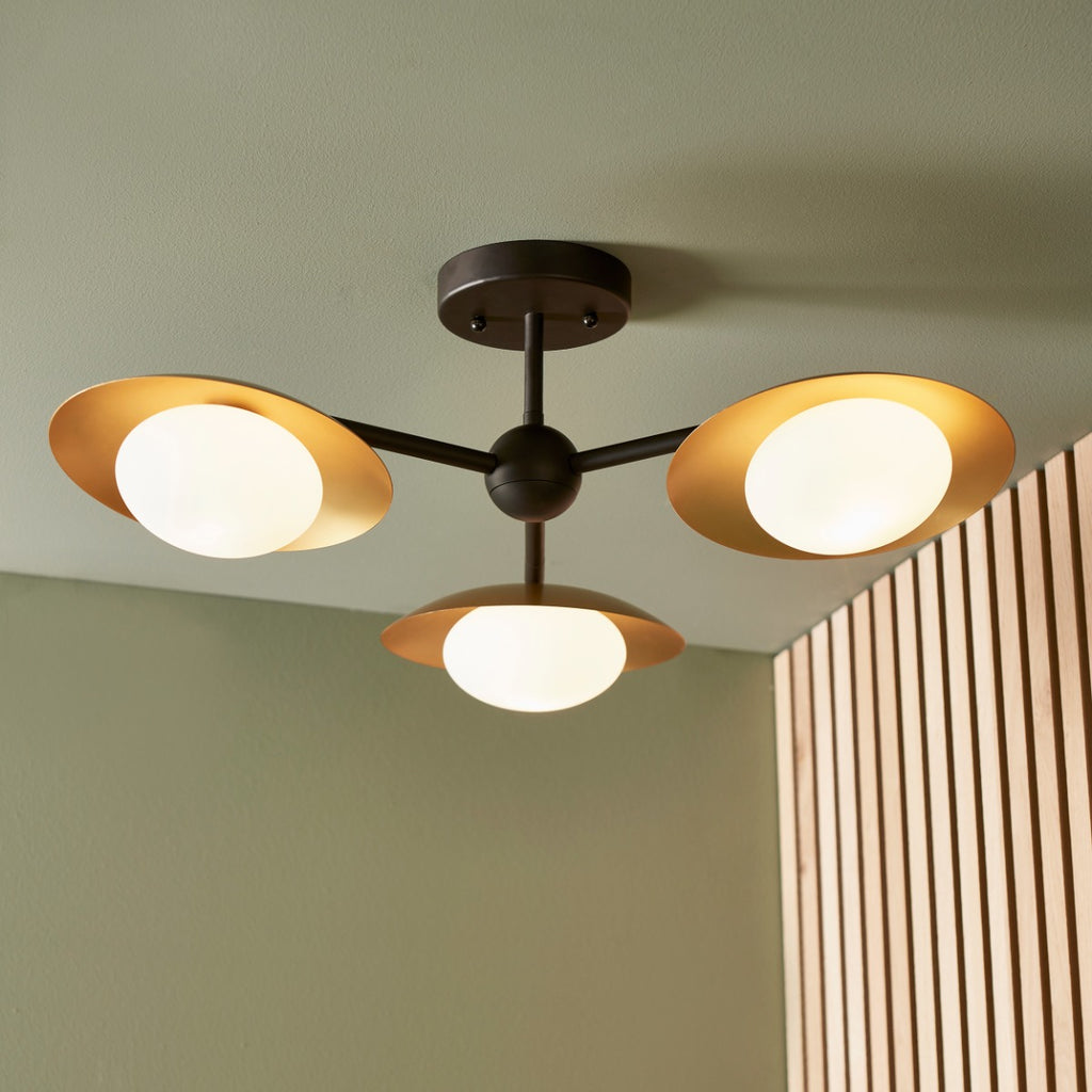 Novena Celada 3 Light Semi Flush Ceiling Light Gold Dark Bronze with Opal Glass