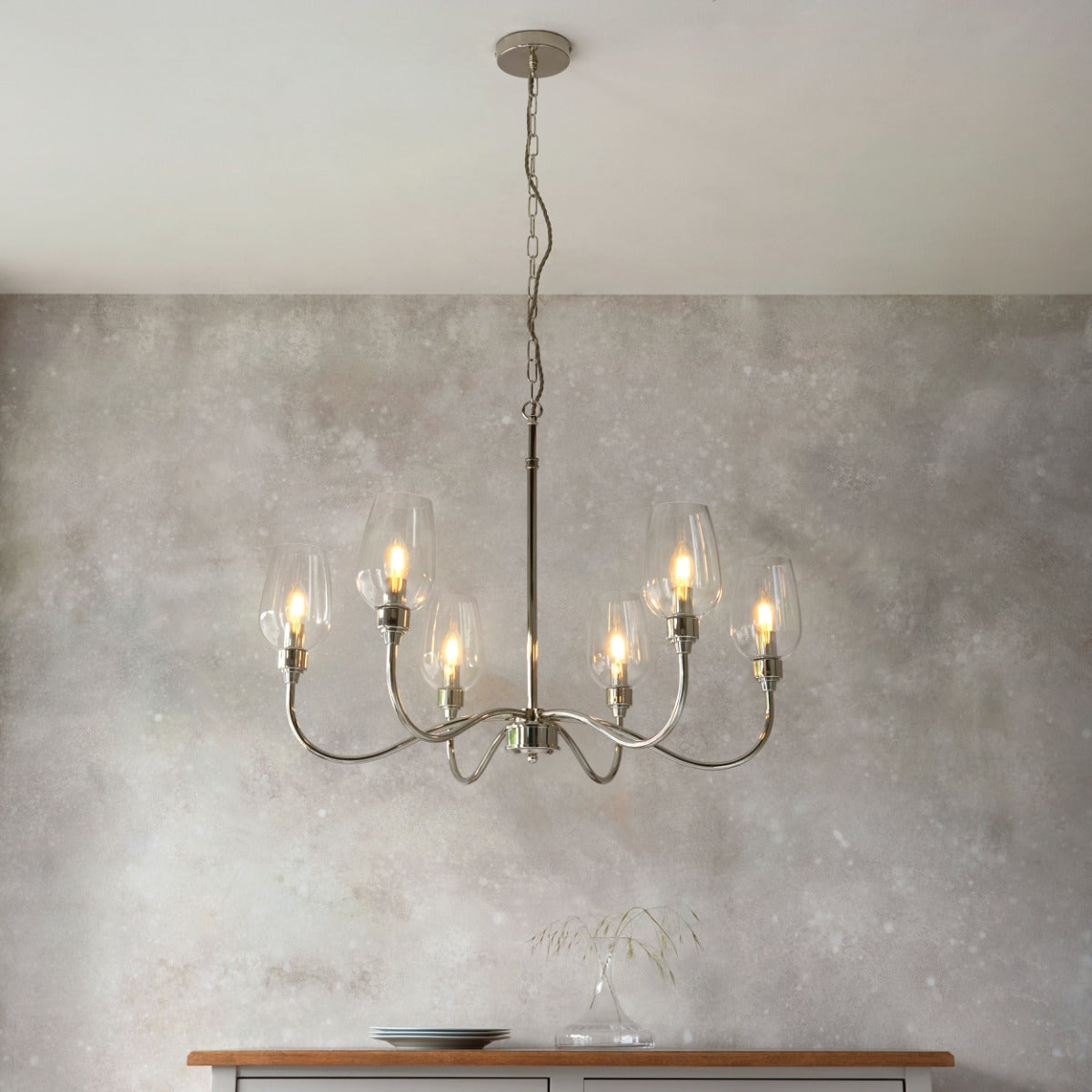 Novena Cortico 6 Light Pendant Light Bright Nickel Plate Clear Glass