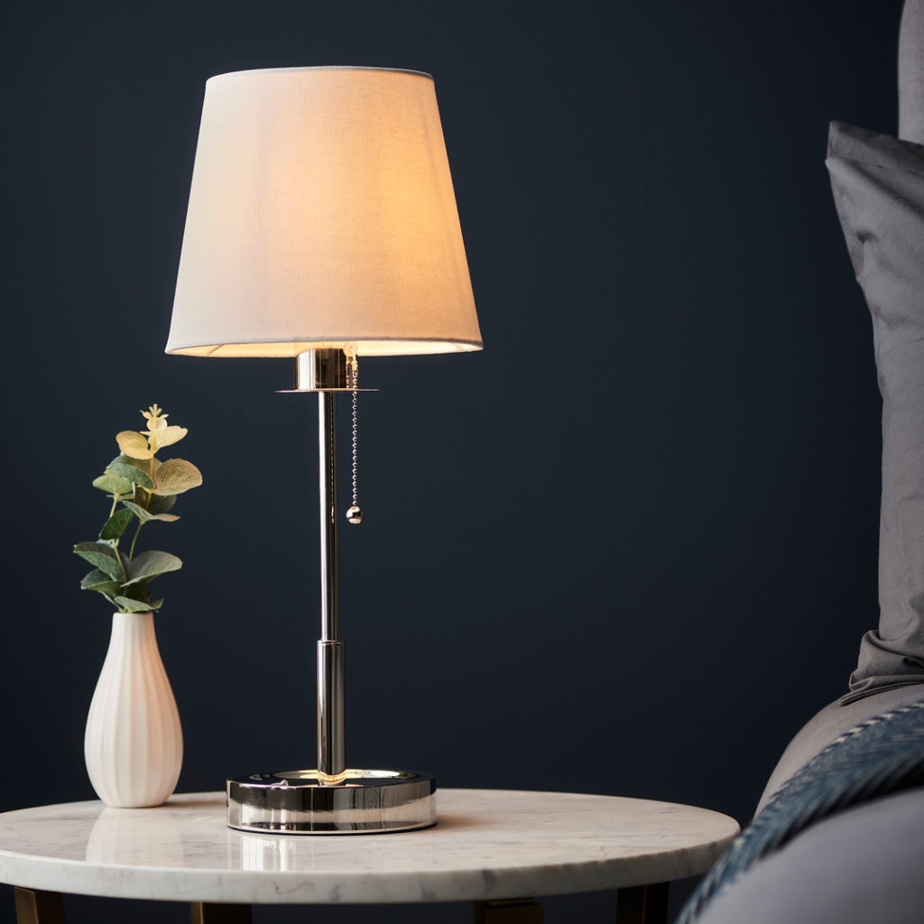 Novena Fuenti 1 Light Table Lamp Bright Nickel Plate Vintage White Fabric Shade