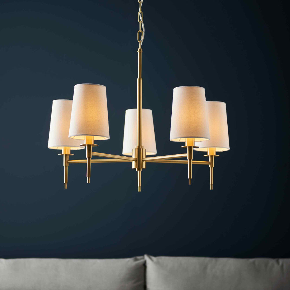 Novena Fuenti 5 Light Pendant in Satin Brass Plate with Vintage White Fabric Shades