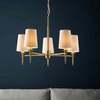 Novena Fuenti 5 Light Pendant in Satin Brass Plate with Vintage White Fabric Shades