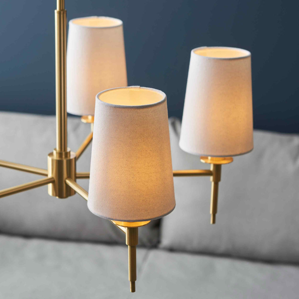 Novena Fuenti 5 Light Pendant in Satin Brass Plate with Vintage White Fabric Shades