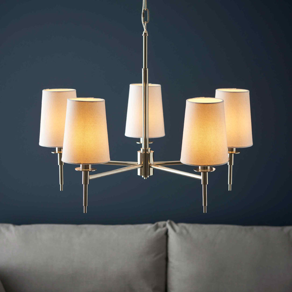 Novena Fuenti 5 Light Pendant Light Nickel Plate Vintage White Fabric Shades