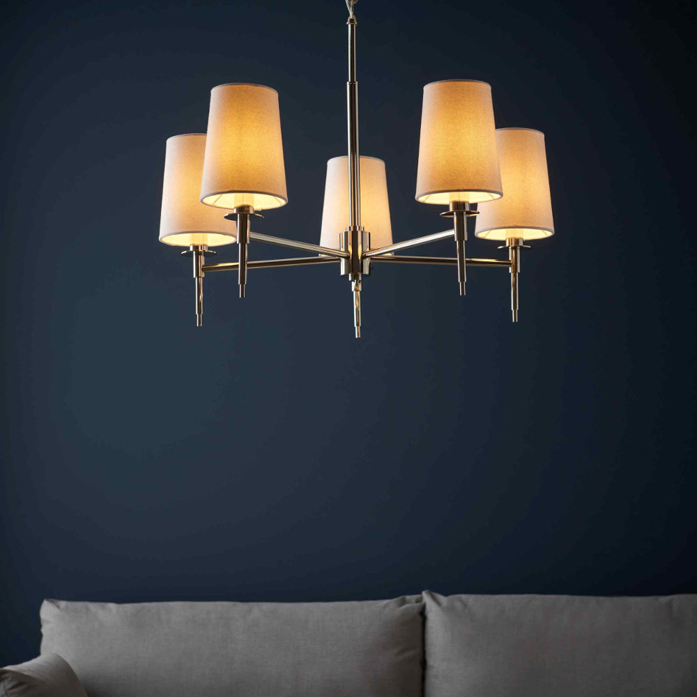 Novena Fuenti 5 Light Pendant Light Nickel Plate Vintage White Fabric Shades