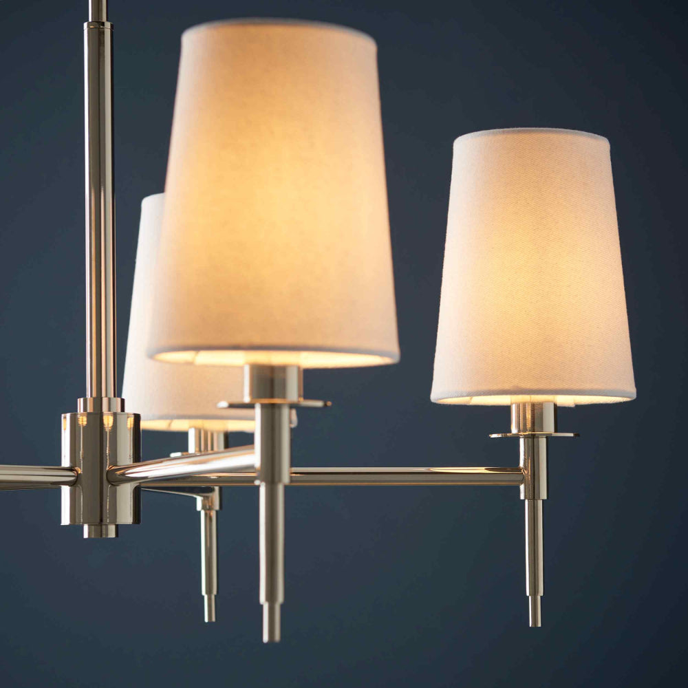 Novena Fuenti 5 Light Pendant Light Nickel Plate Vintage White Fabric Shades