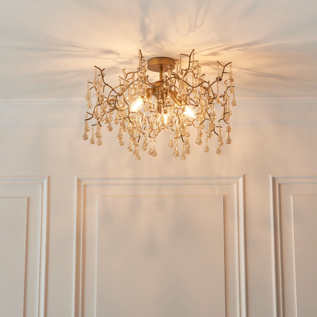 Novena Hernan 3 Light Semi Flush Ceiling Light Aged Gold with Champagne Lustre Glass
