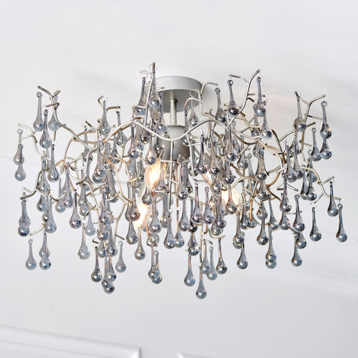 Novena Hernan 3 Light Semi Flush Ceiling Light Aged Silver Paint Smokey Grey Tinted Glass