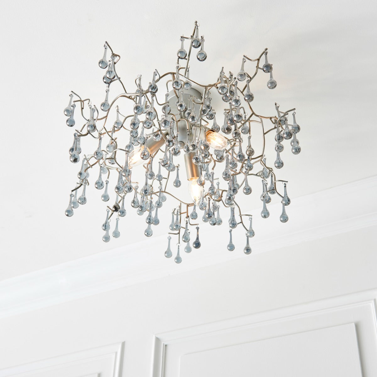 Novena Hernan 3 Light Semi Flush Ceiling Light Aged Silver Paint Smokey Grey Tinted Glass