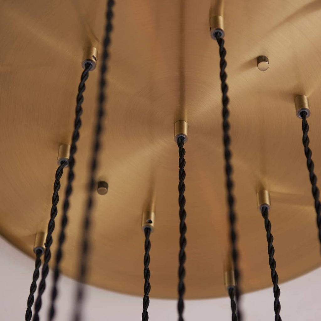 Novena Lavaur 13 Light Cascade Pendant in Antique Brass with Clear Ribbed Glass Shades