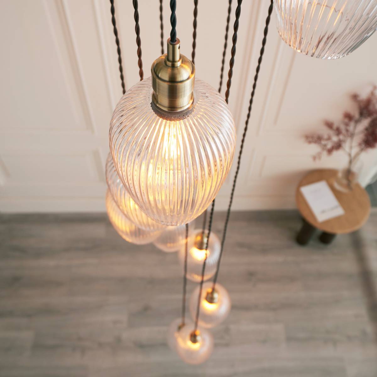 Novena Lavaur 13 Light Cascade Pendant in Antique Brass with Clear Ribbed Glass Shades