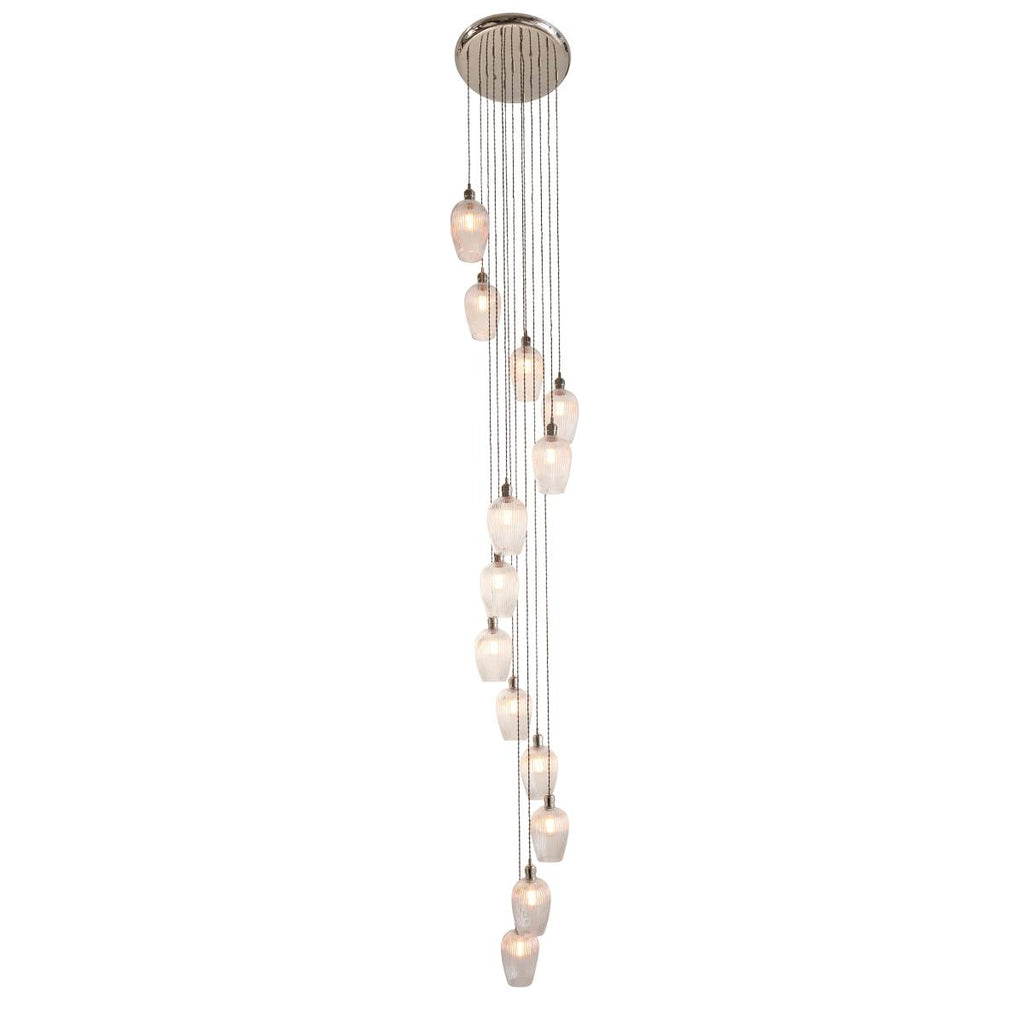 Novena Lavaur 13 Light Cascade Pendant in Bright Nickel with Clear Ribbed Glass Shades