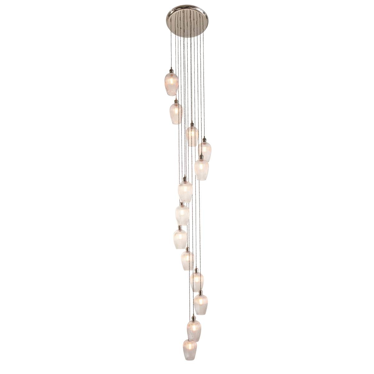 Novena Lavaur 13 Light Cascade Pendant in Bright Nickel with Clear Ribbed Glass Shades