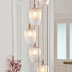 Novena Lavaur 13 Light Cascade Pendant in Bright Nickel with Clear Ribbed Glass Shades