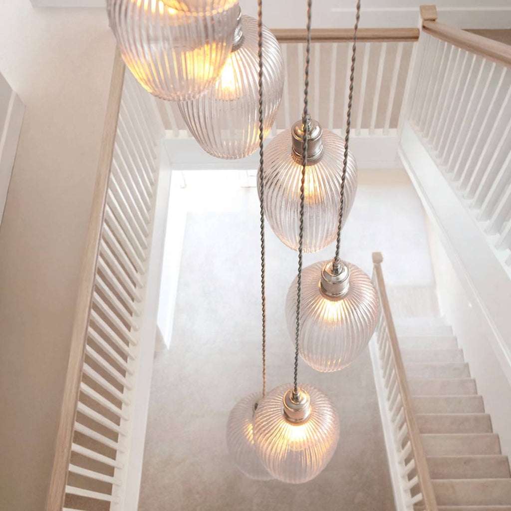 Novena Lavaur 13 Light Cascade Pendant in Bright Nickel with Clear Ribbed Glass Shades