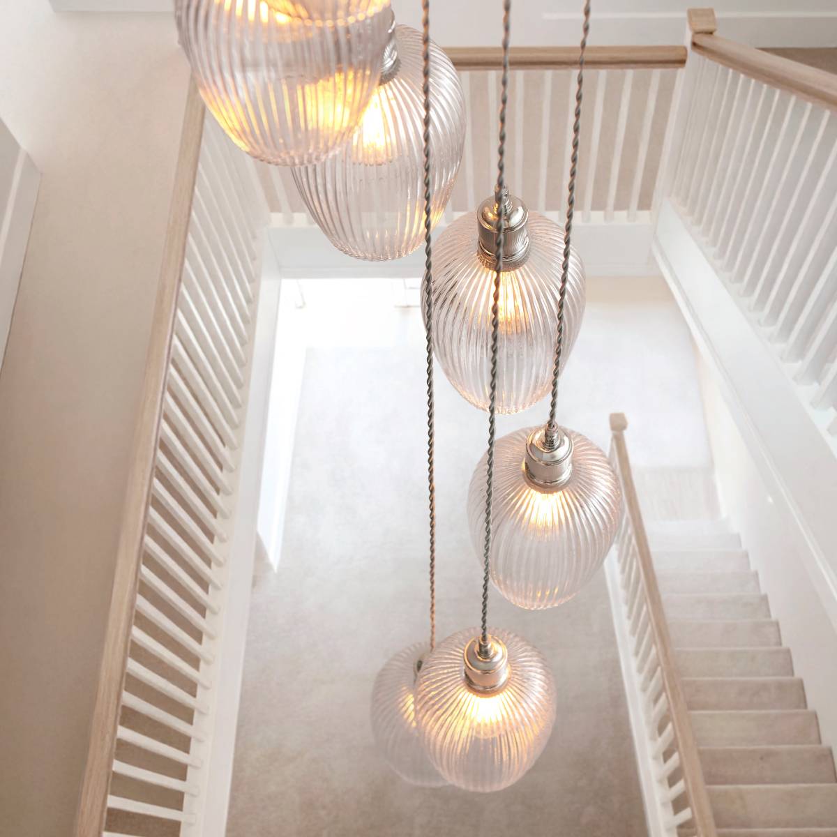 Novena Lavaur 13 Light Cascade Pendant in Bright Nickel with Clear Ribbed Glass Shades