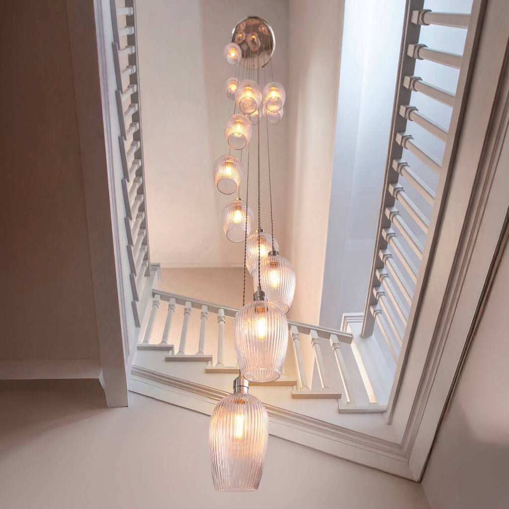 Novena Lavaur 13 Light Cascade Pendant in Bright Nickel with Clear Ribbed Glass Shades