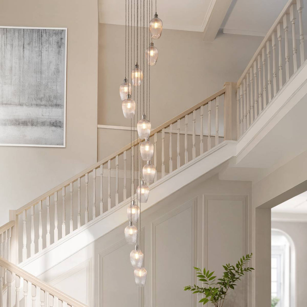 Novena Lavaur 13 Light Cascade Pendant in Bright Nickel with Clear Ribbed Glass Shades