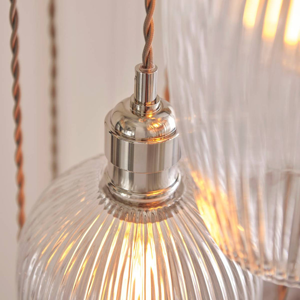 Novena Lavaur 13 Light Cascade Pendant in Bright Nickel with Clear Ribbed Glass Shades