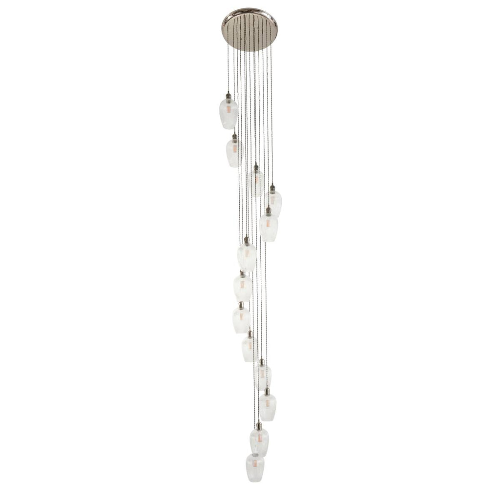 Novena Lavaur 13 Light Cascade Pendant in Bright Nickel with Clear Ribbed Glass Shades