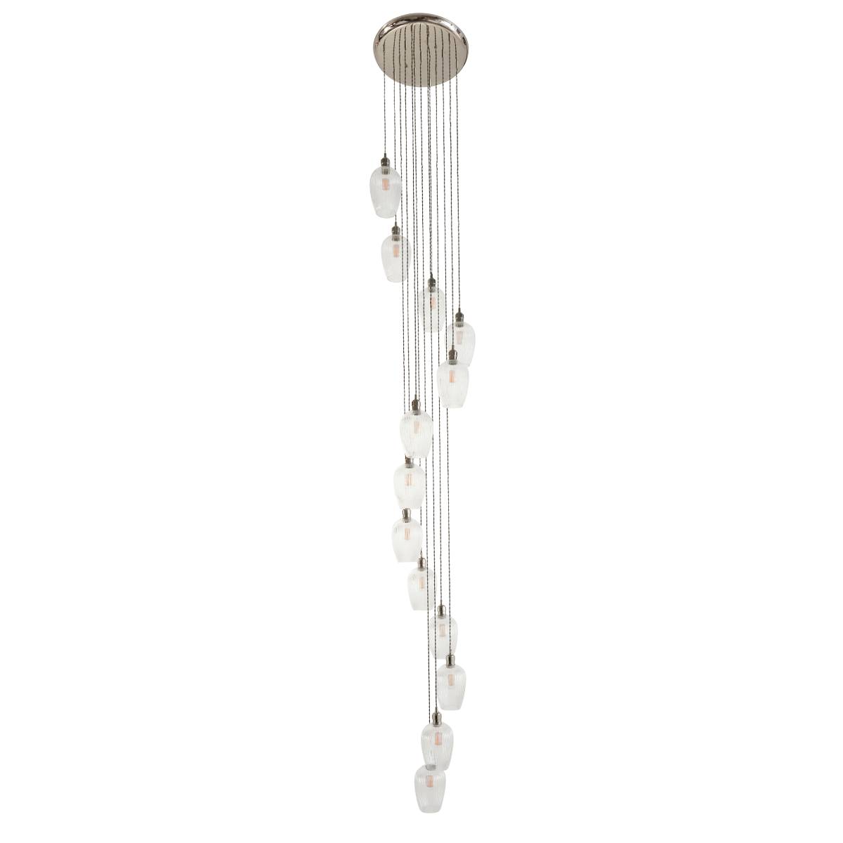 Novena Lavaur 13 Light Cascade Pendant in Bright Nickel with Clear Ribbed Glass Shades