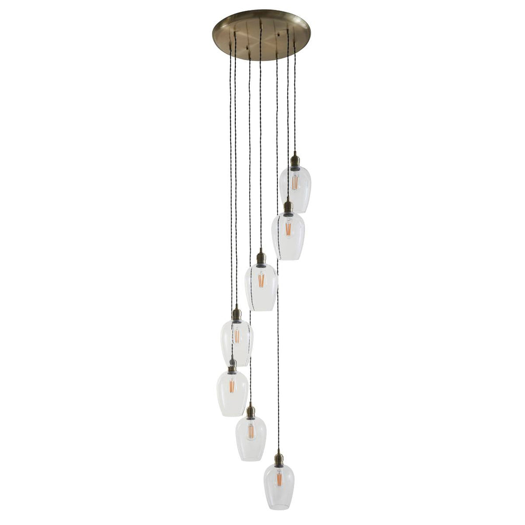 Novena Lavaur 7 Light Cascade Pendant in Antique Brass with Clear Glass Shades