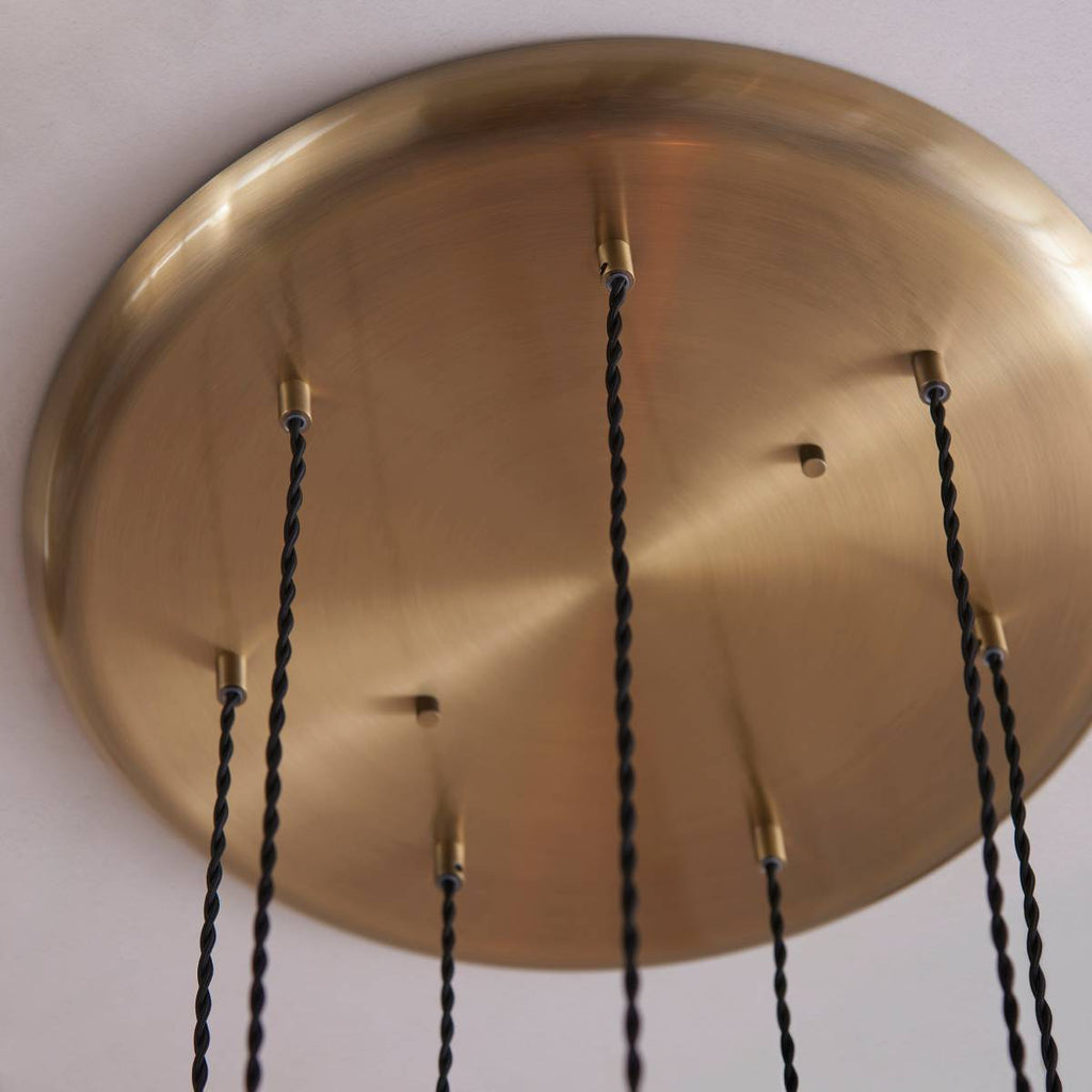 Novena Lavaur 7 Light Cascade Pendant in Antique Brass with Clear Ribbed Glass Shades