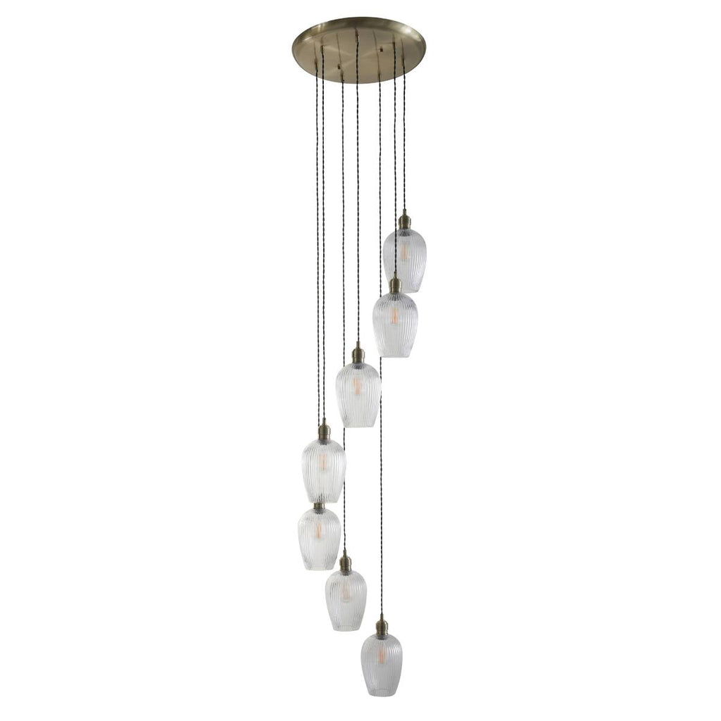 Novena Lavaur 7 Light Cascade Pendant in Antique Brass with Clear Ribbed Glass Shades