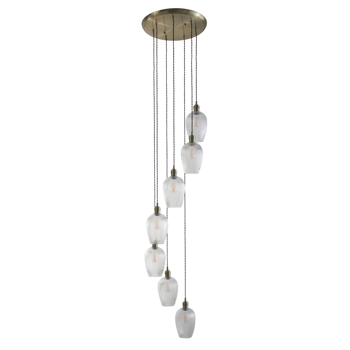 Novena Lavaur 7 Light Cascade Pendant in Antique Brass with Clear Ribbed Glass Shades