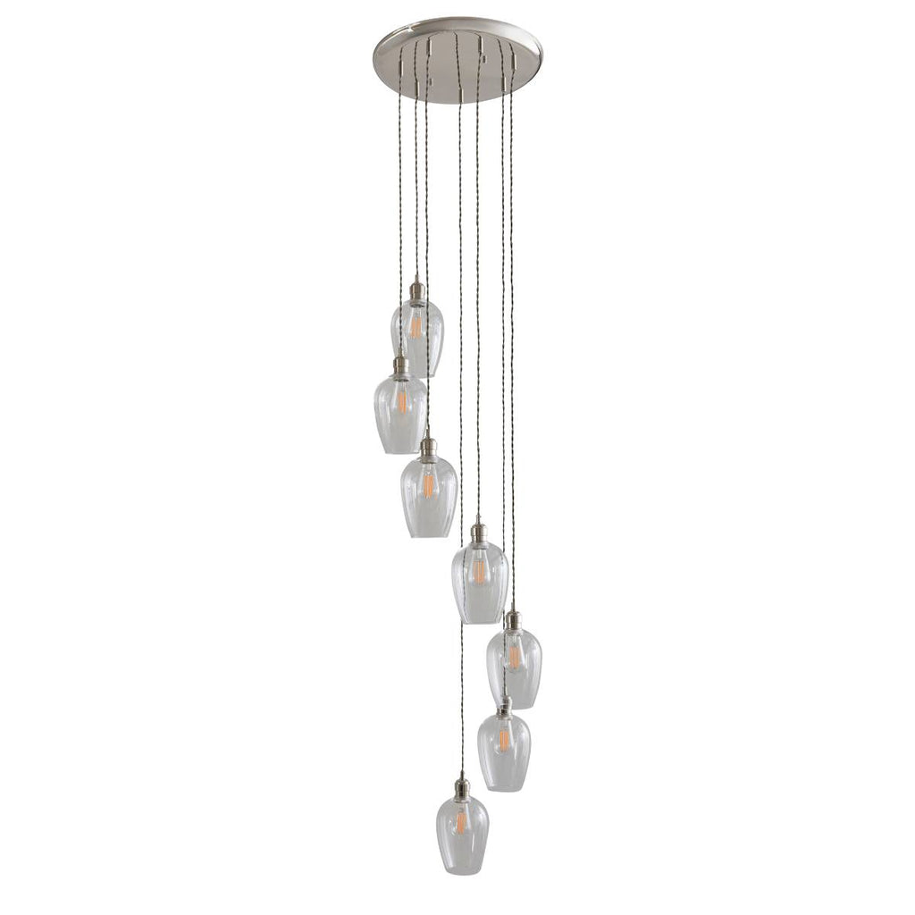 Novena Lavaur 7 Light Cascade Pendant in Bright Nickel with Clear Glass Shades