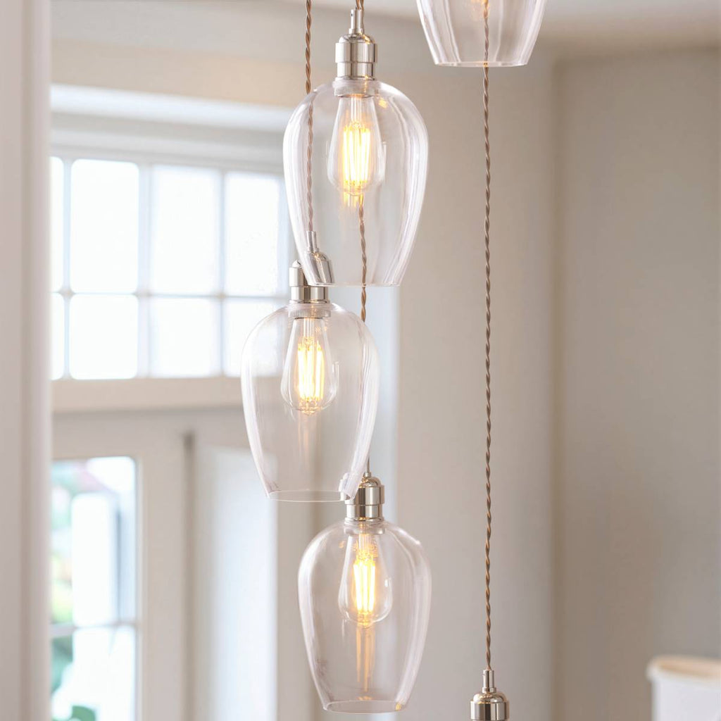 Novena Lavaur 7 Light Cascade Pendant in Bright Nickel with Clear Glass Shades