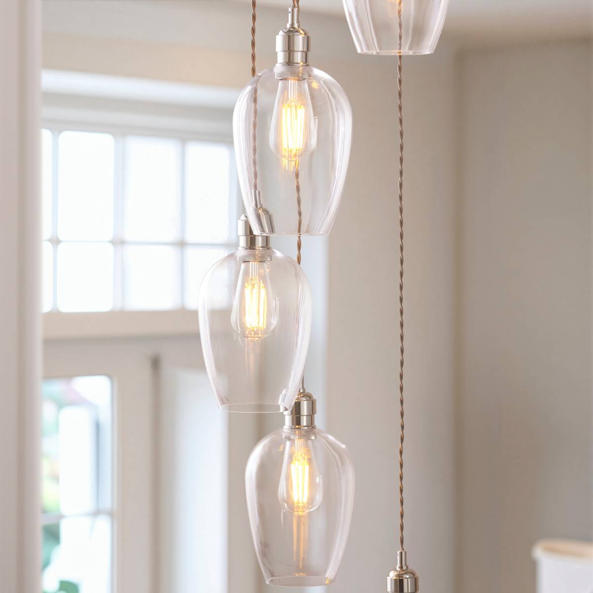 Novena Lavaur 7 Light Cascade Pendant in Bright Nickel with Clear Glass Shades