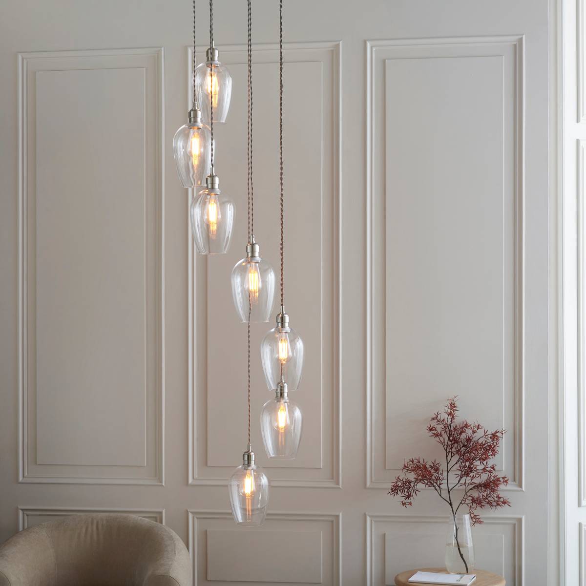 Novena Lavaur 7 Light Cascade Pendant in Bright Nickel with Clear Glass Shades