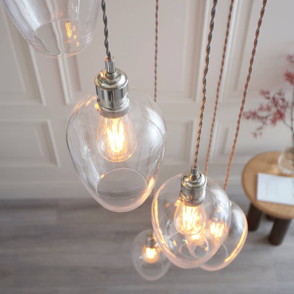 Novena Lavaur 7 Light Cascade Pendant in Bright Nickel with Clear Glass Shades