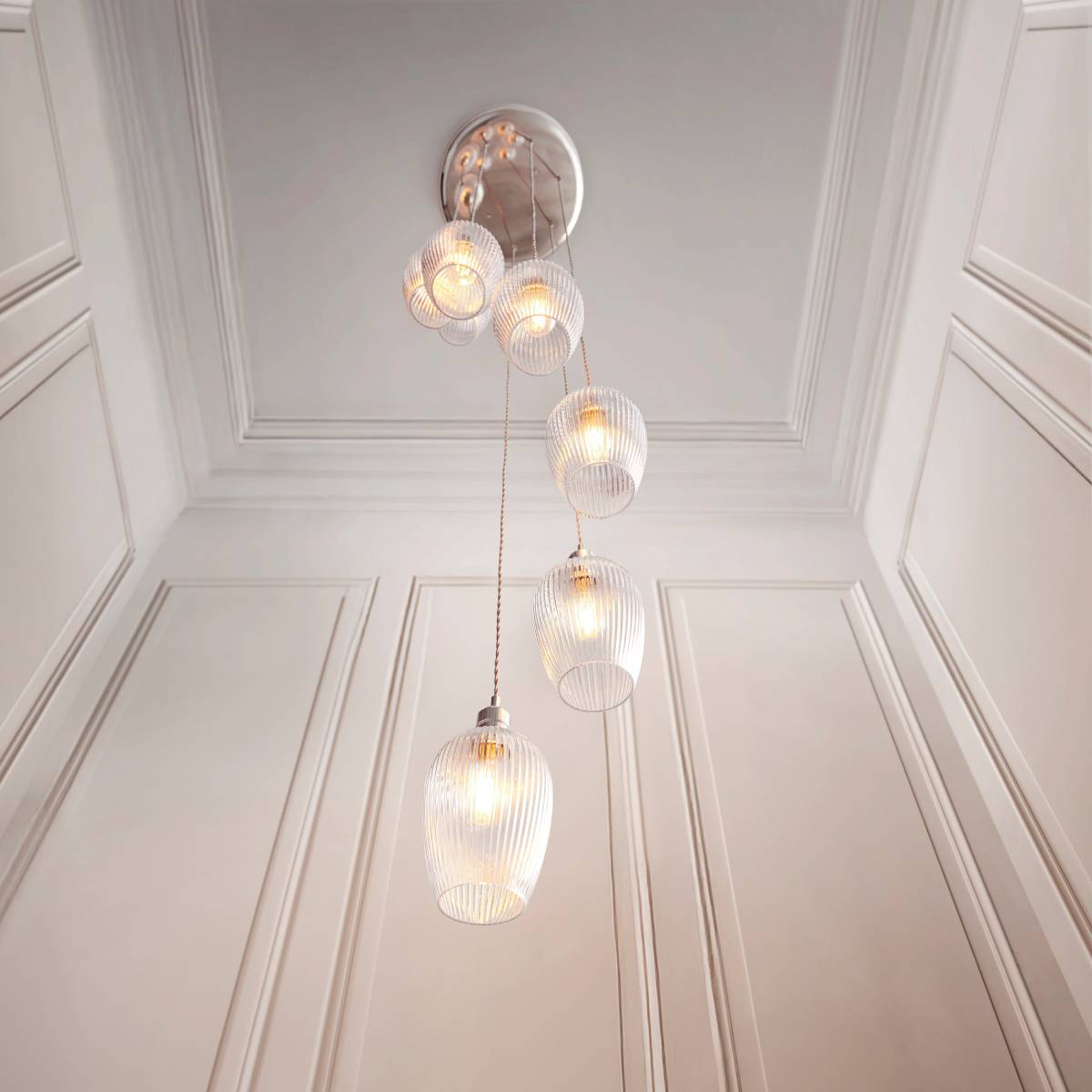 Novena Lavaur 7 Light Cascade Pendant in Bright Nickel with Clear Ribbed Glass Shades